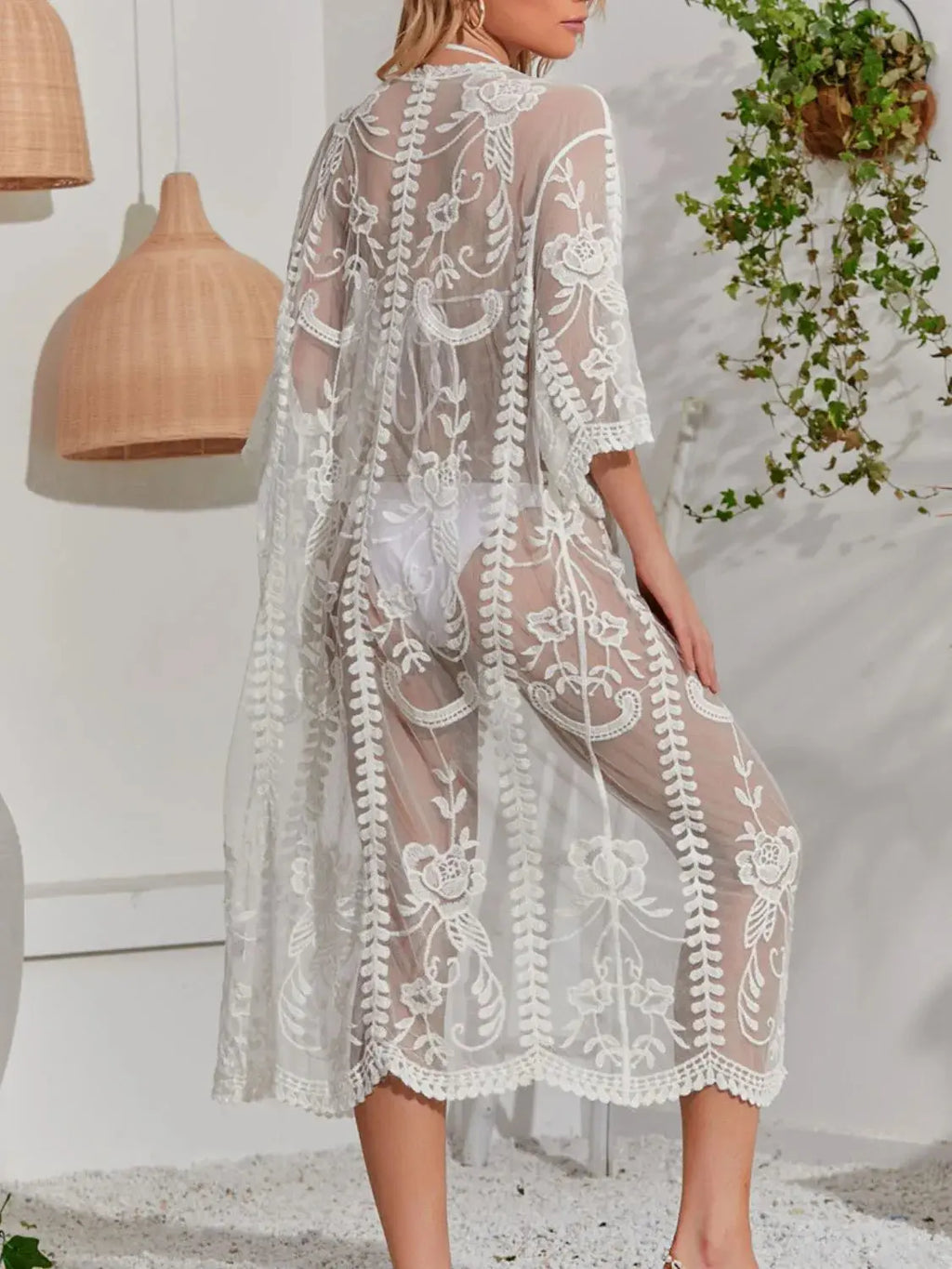 Lace Detail Open Front Longline Cover-Up-Bikinicaye