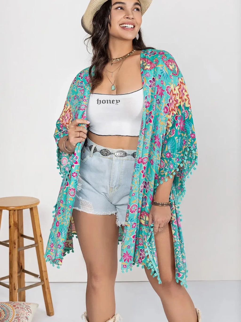 Plus Size Printed Open Front Cover-Up-Bikinicaye