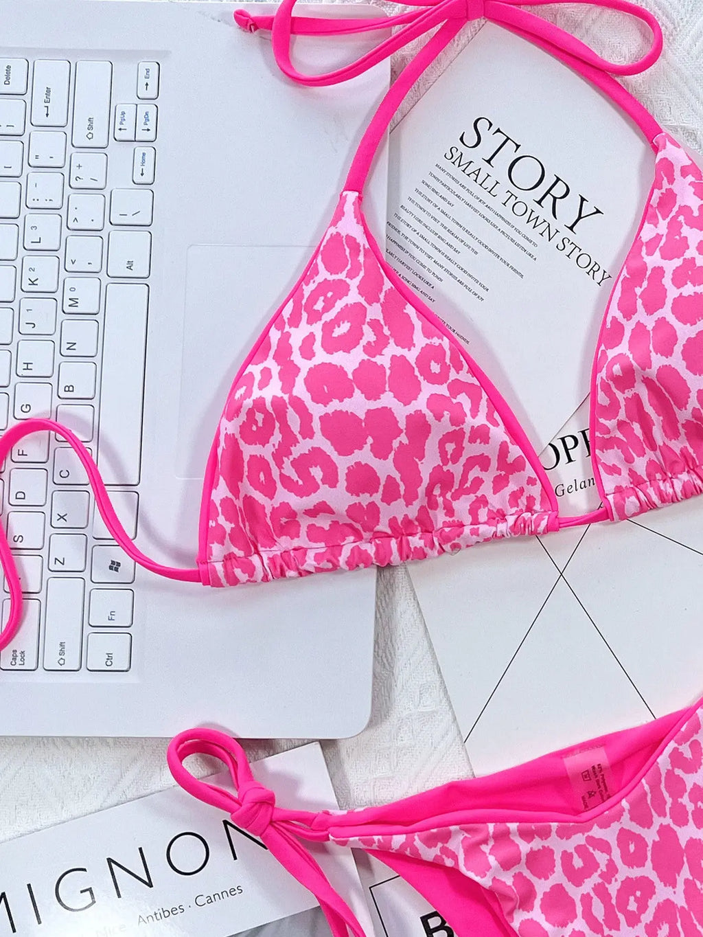 Leopard Print Halter Neck Tie Side Bikini Set-Bikinicaye