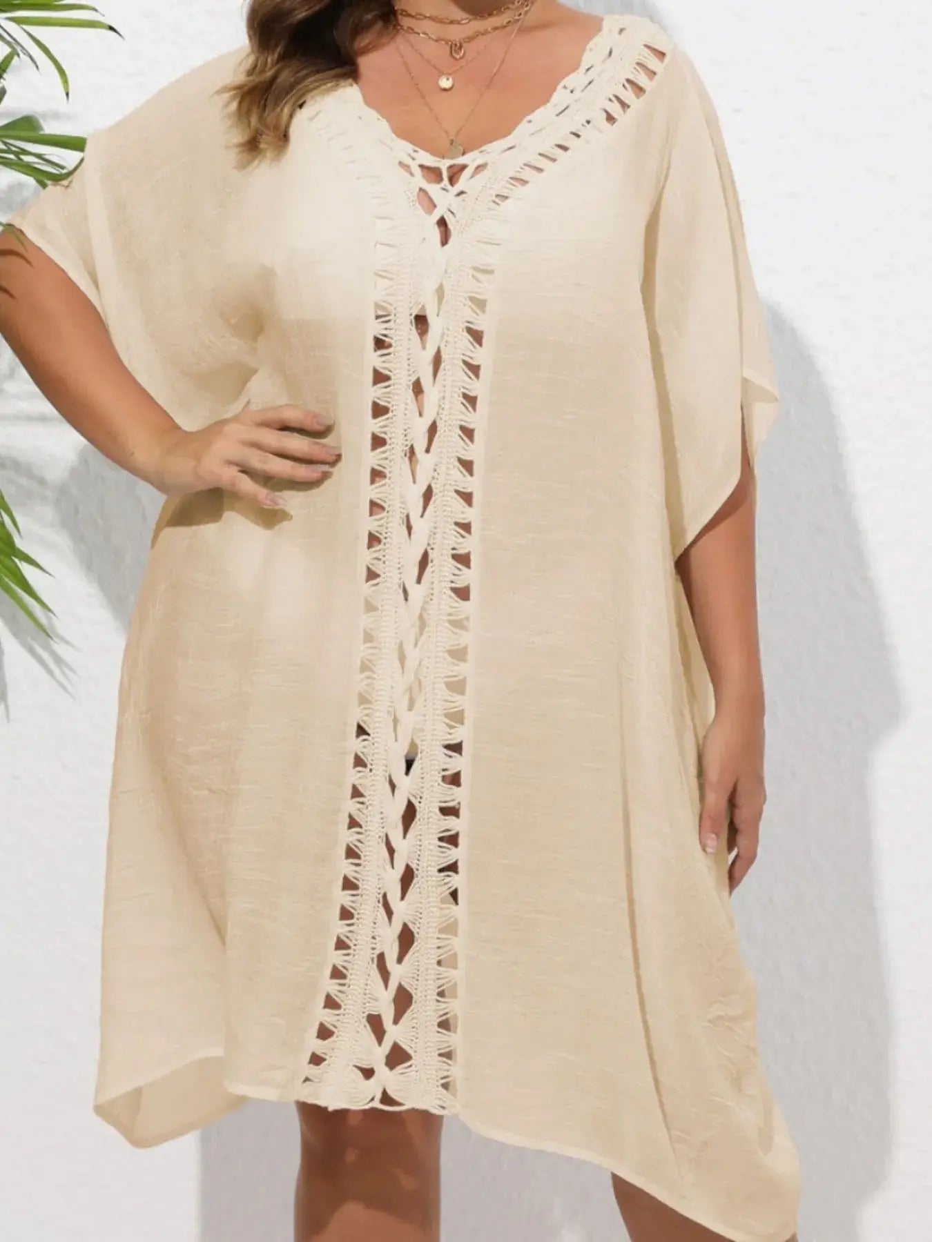 Crochet Trim V-Neck Beach Cover Up Dress-Bikinicaye