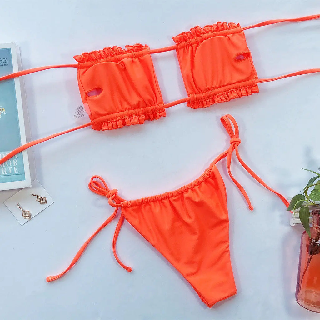 Frill Trim Ruched Bikini Set-Bikinicaye