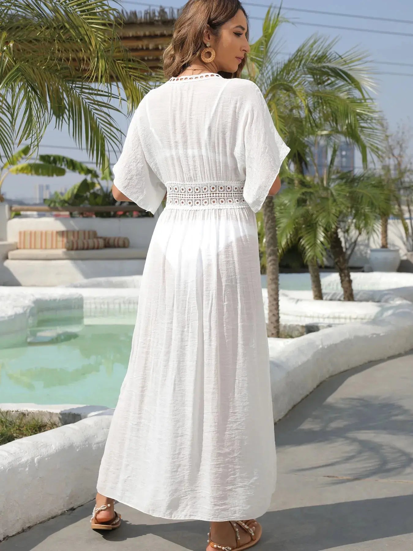Lace Trim Plunging Beach Cover Up Maxi Dress-Bikinicaye