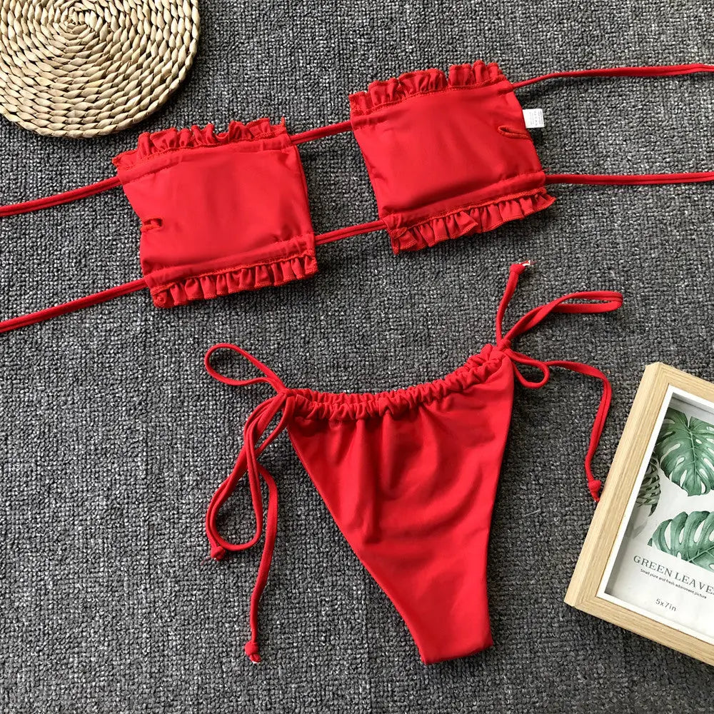 Frill Trim Ruched Bikini Set-Bikinicaye