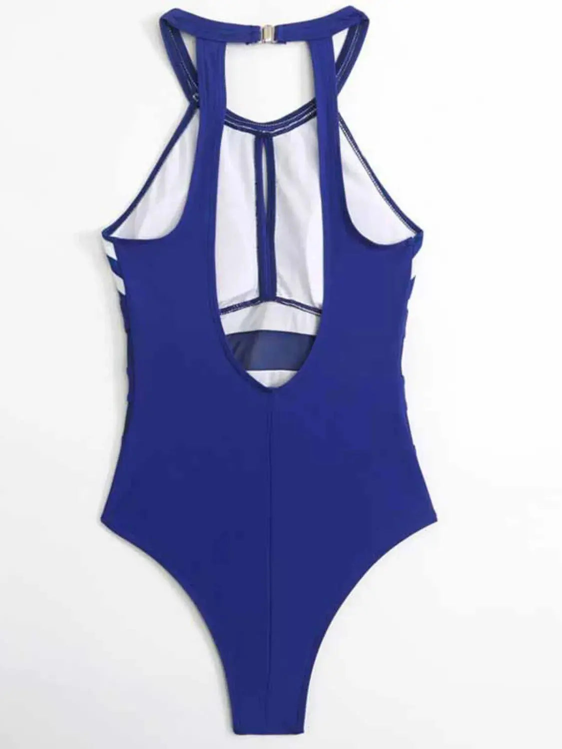 Mesh Detail Backless Striped One-Piece Swimsuit-Bikinicaye