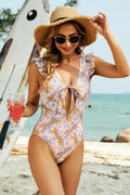 Cutout Animal Print Ruffled Wide Strap One-Piece Swimwear-Bikinicaye