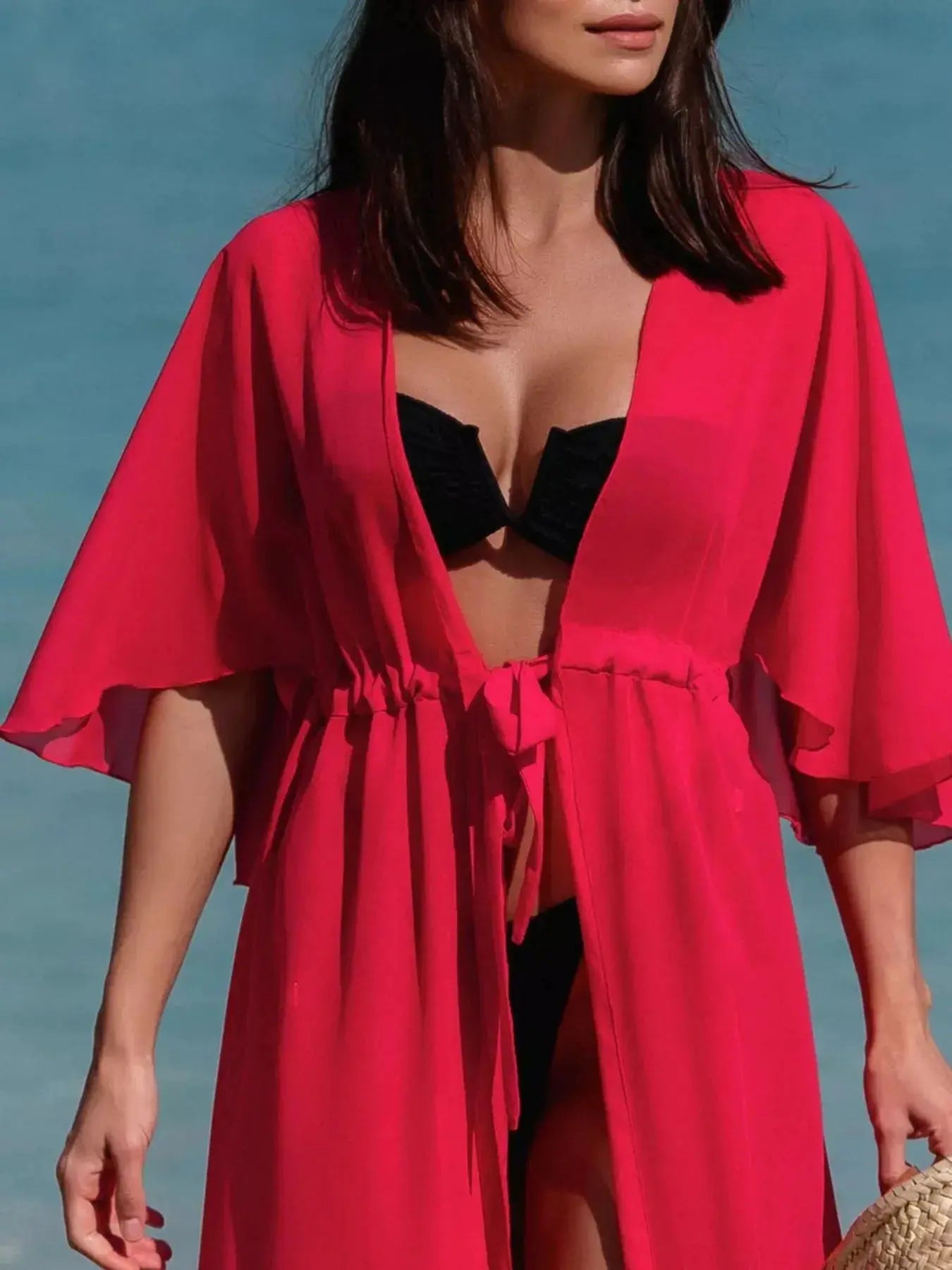 Solid Color Flutter Sleeve Cover-Up-Bikinicaye