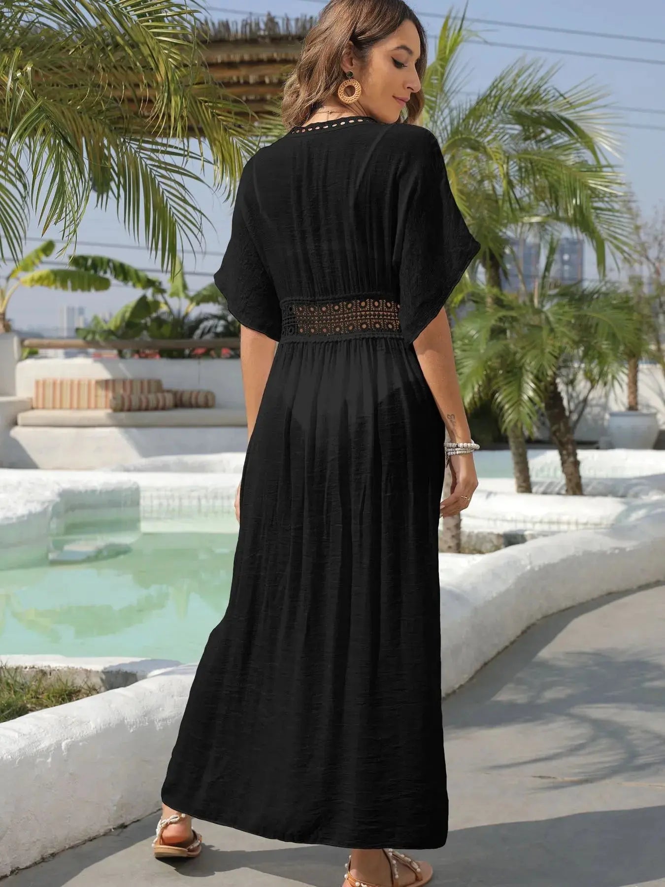 Lace Trim Plunging Beach Cover Up Maxi Dress-Bikinicaye