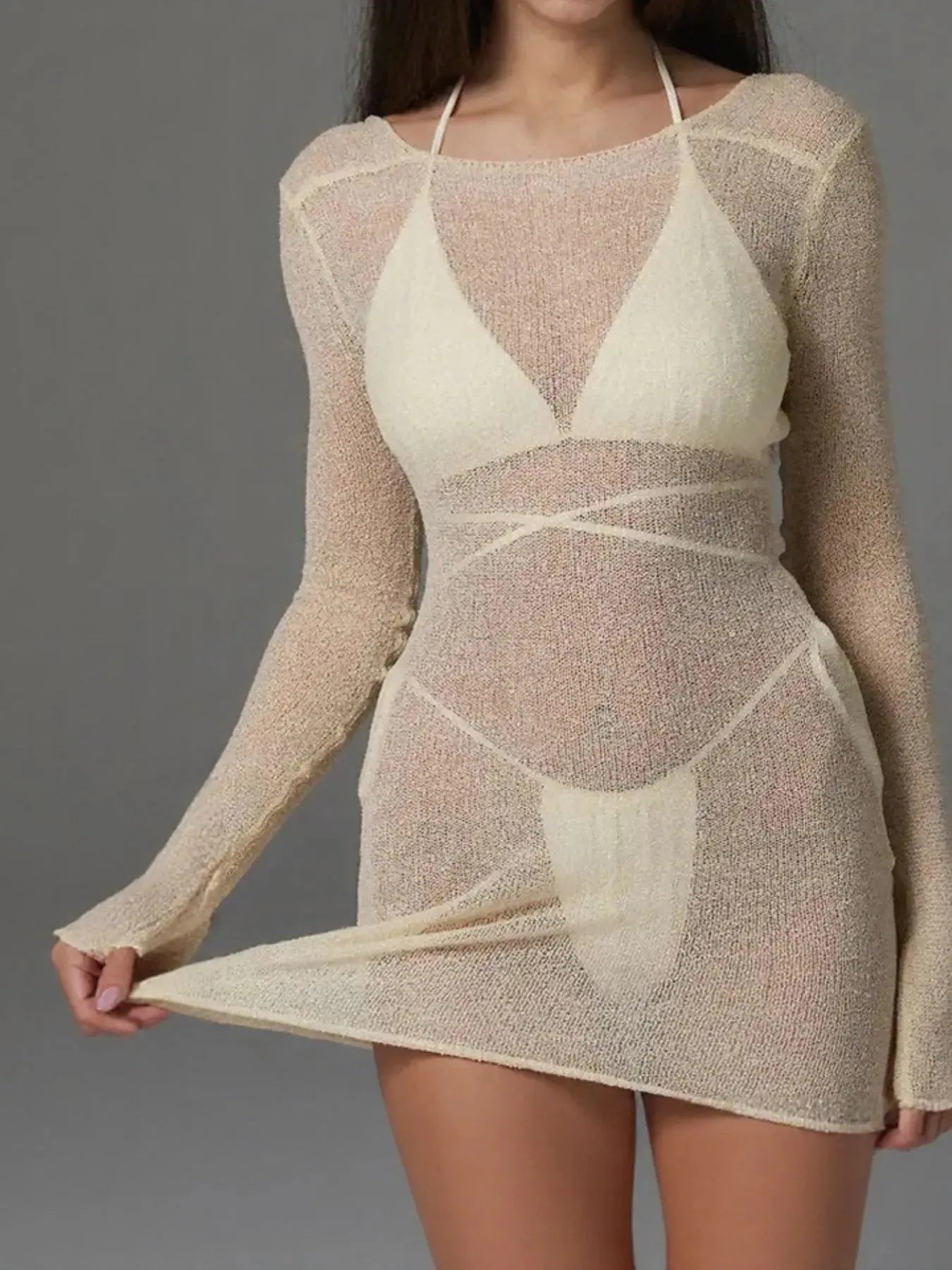 Sheer Backless Long Sleeve Mini Cover-Up Dress-Bikinicaye