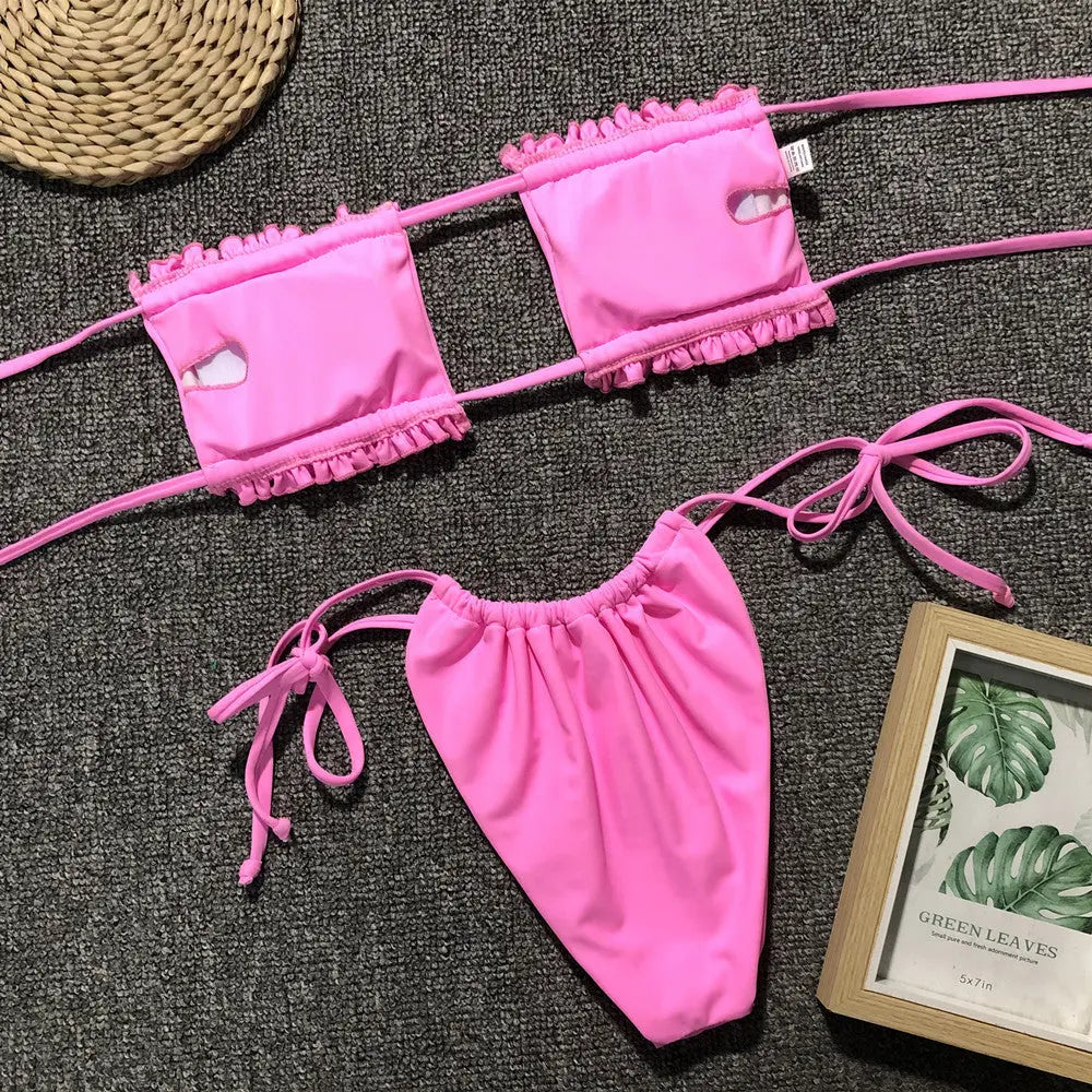 Frill Trim Ruched Bikini Set-Bikinicaye