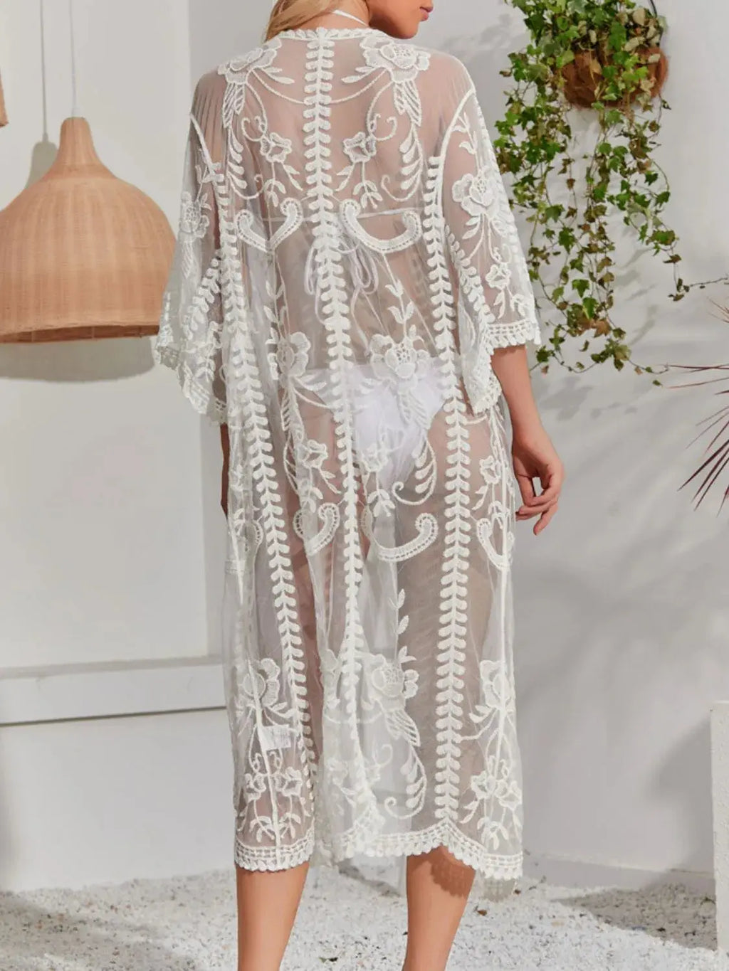 Lace Detail Open Front Longline Cover-Up-Bikinicaye