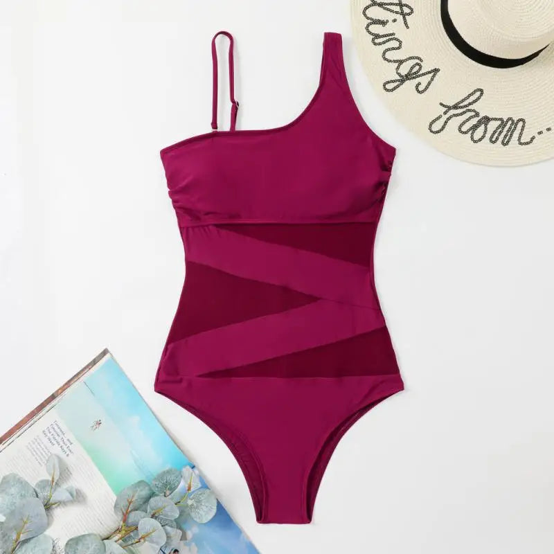 Mesh Patchwork One Piece Suspender Bathing Suit - Shop now at BikiniCaye.com