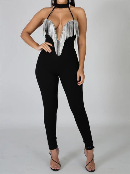 Sequin Tassel V Neck Jumpsuit - Shop now at BikiniCaye.com