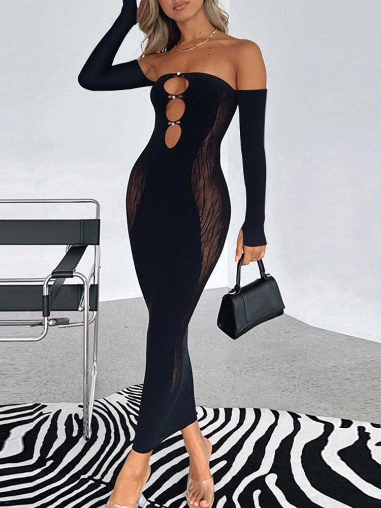 Rhinestone Cut Out Long Dress - Shop now at BikiniCaye.com