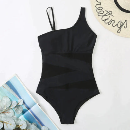 Mesh Patchwork One Piece Suspender Bathing Suit - Shop now at BikiniCaye.com