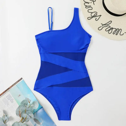 Mesh Patchwork One Piece Suspender Bathing Suit - Shop now at BikiniCaye.com