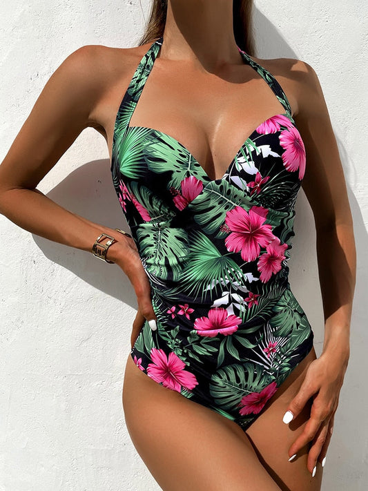 Halter One-Piece Floral Push Up - Shop now at BikiniCaye.com