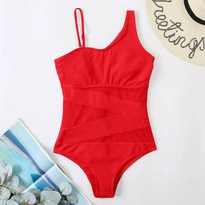 Mesh Patchwork One Piece Suspender Bathing Suit - Shop now at BikiniCaye.com