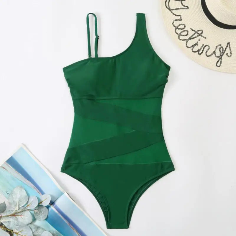 Mesh Patchwork One Piece Suspender Bathing Suit - Shop now at BikiniCaye.com