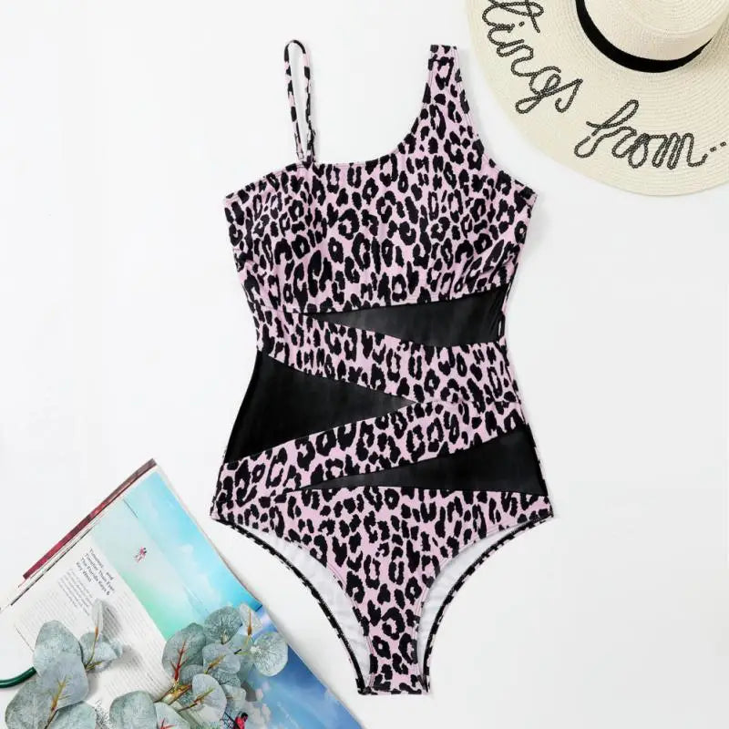 Mesh Patchwork One Piece Suspender Bathing Suit - Shop now at BikiniCaye.com