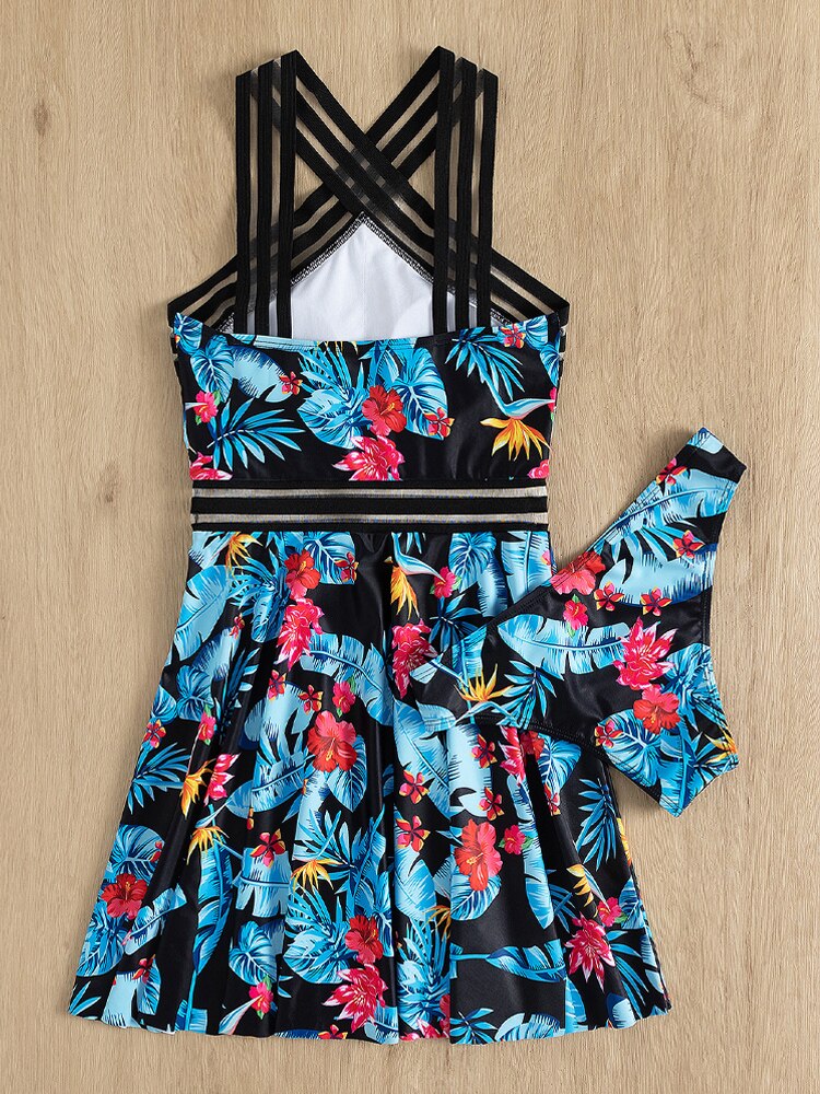 Floral Strapped Tankini Push Up Dress - Shop now at BikiniCaye.com