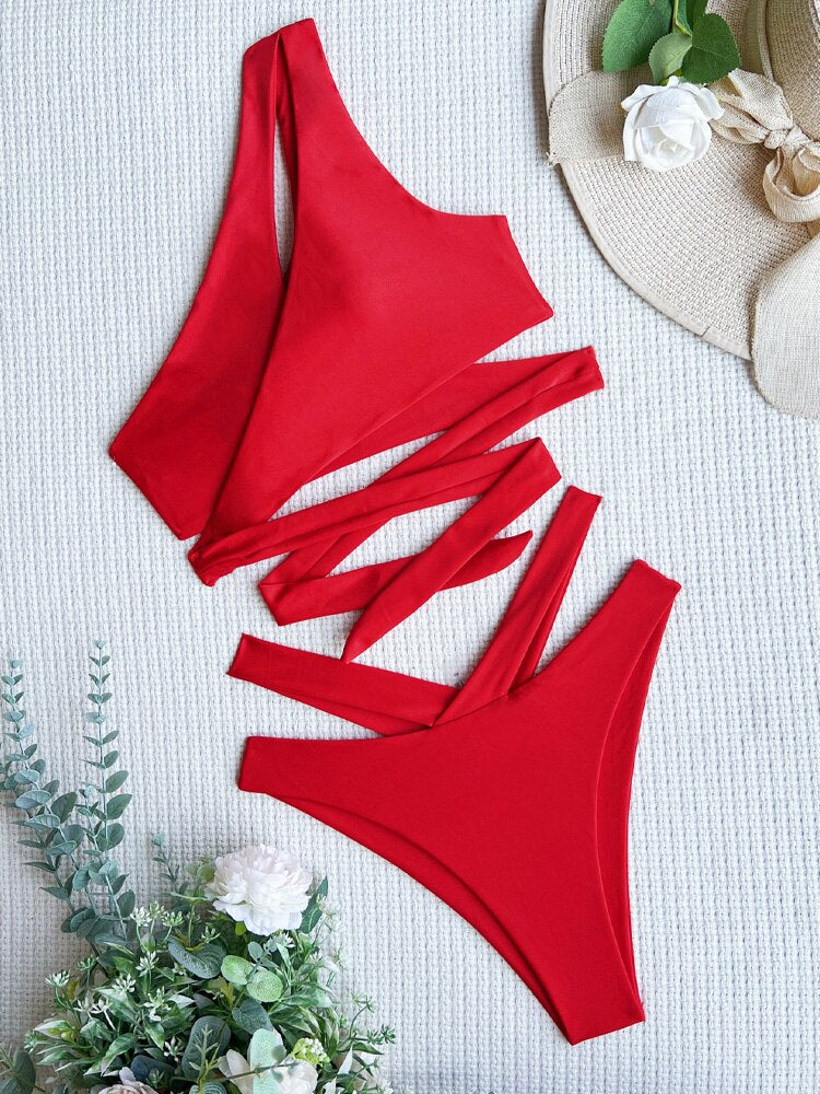 Red One Shoulder Brazilian Cross Hollow Bikini Set - Shop now at BikiniCaye.com