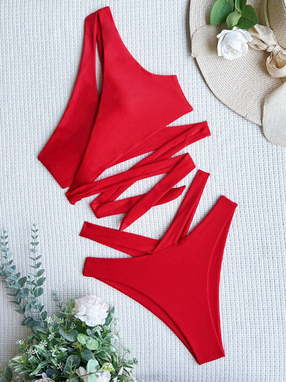 Red One Shoulder Brazilian Cross Hollow Bikini Set - Shop now at BikiniCaye.com