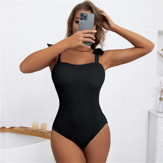 Shoulder Bow Push Up One-Piece Swimsuit - Shop now at BikiniCaye.com