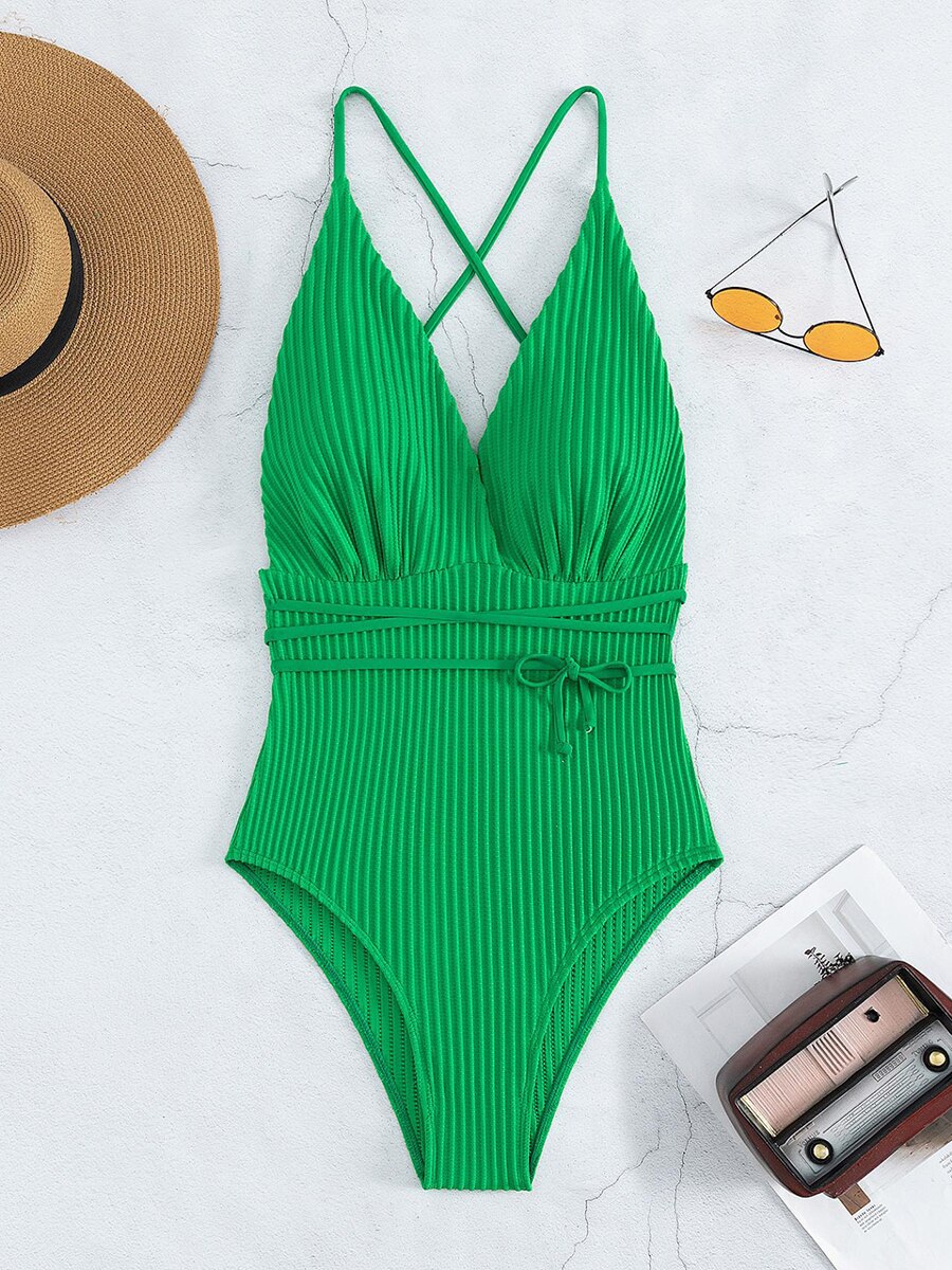 Deep V Bandage One-Piece Swimsuit - Shop now at BikiniCaye.com