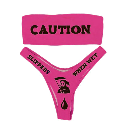 Women's Letter Print Strapless Tube Top + Bikini Panties - Shop now at BikiniCaye.com