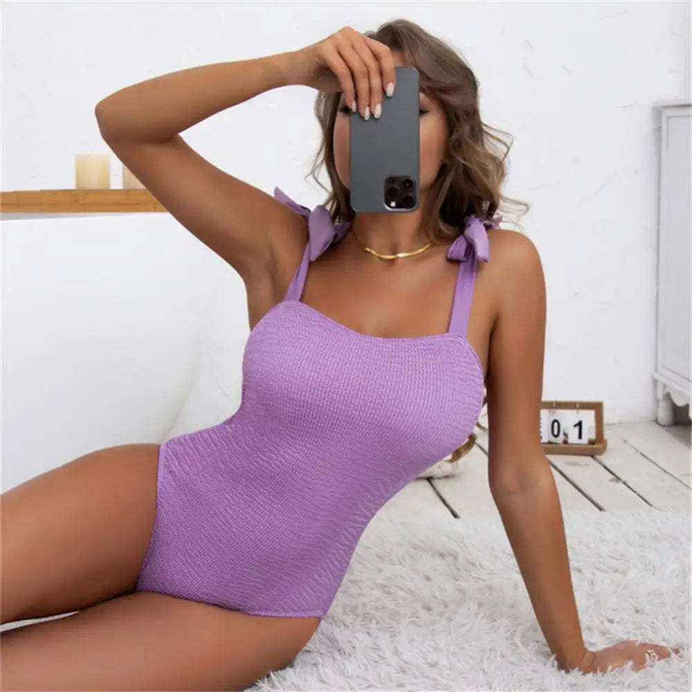 Shoulder Bow Push Up One-Piece Swimsuit - Shop now at BikiniCaye.com