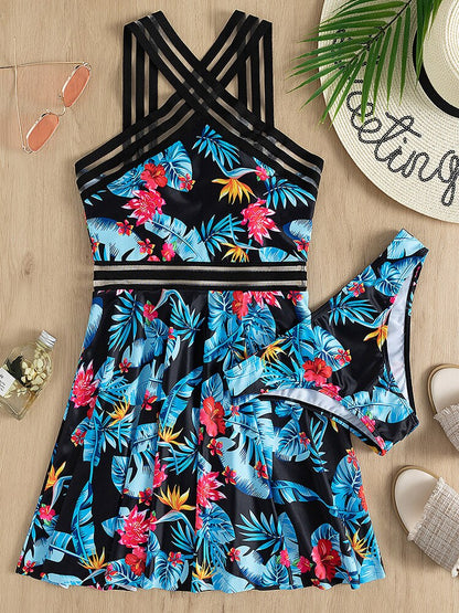 Floral Strapped Tankini Push Up Dress - Shop now at BikiniCaye.com