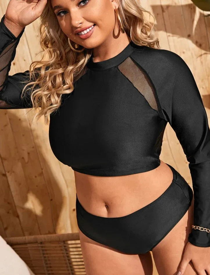 Black Long Sleeve Mesh High Waist Bathing Suit - Shop now at BikiniCaye.com