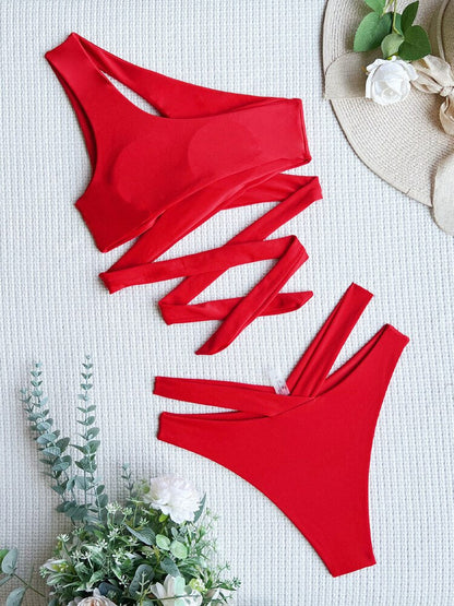 Red One Shoulder Brazilian Cross Hollow Bikini Set - Shop now at BikiniCaye.com