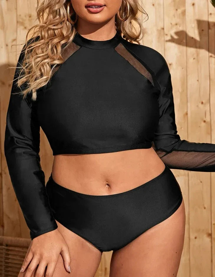 Black Long Sleeve Mesh High Waist Bathing Suit - Shop now at BikiniCaye.com