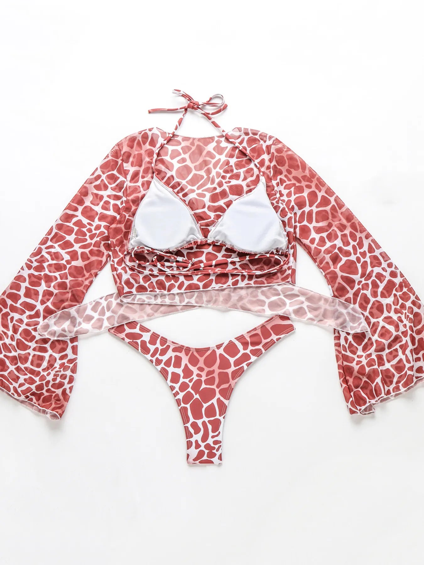 Trumpet Sleeve Leopard Mesh Three Piece Bikini Set - Shop now at BikiniCaye.com