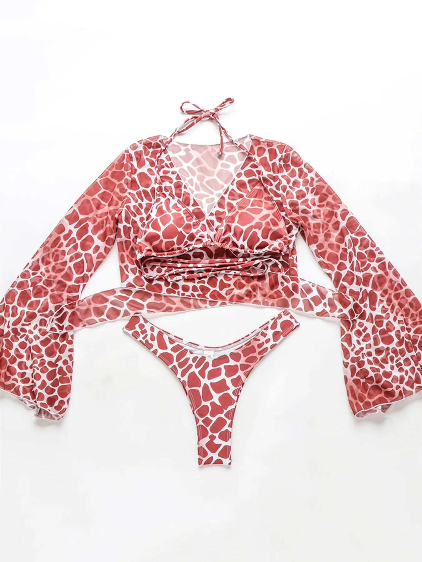 Trumpet Sleeve Leopard Mesh Three Piece Bikini Set - Shop now at BikiniCaye.com