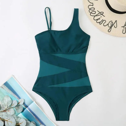 Mesh Patchwork One Piece Suspender Bathing Suit - Shop now at BikiniCaye.com