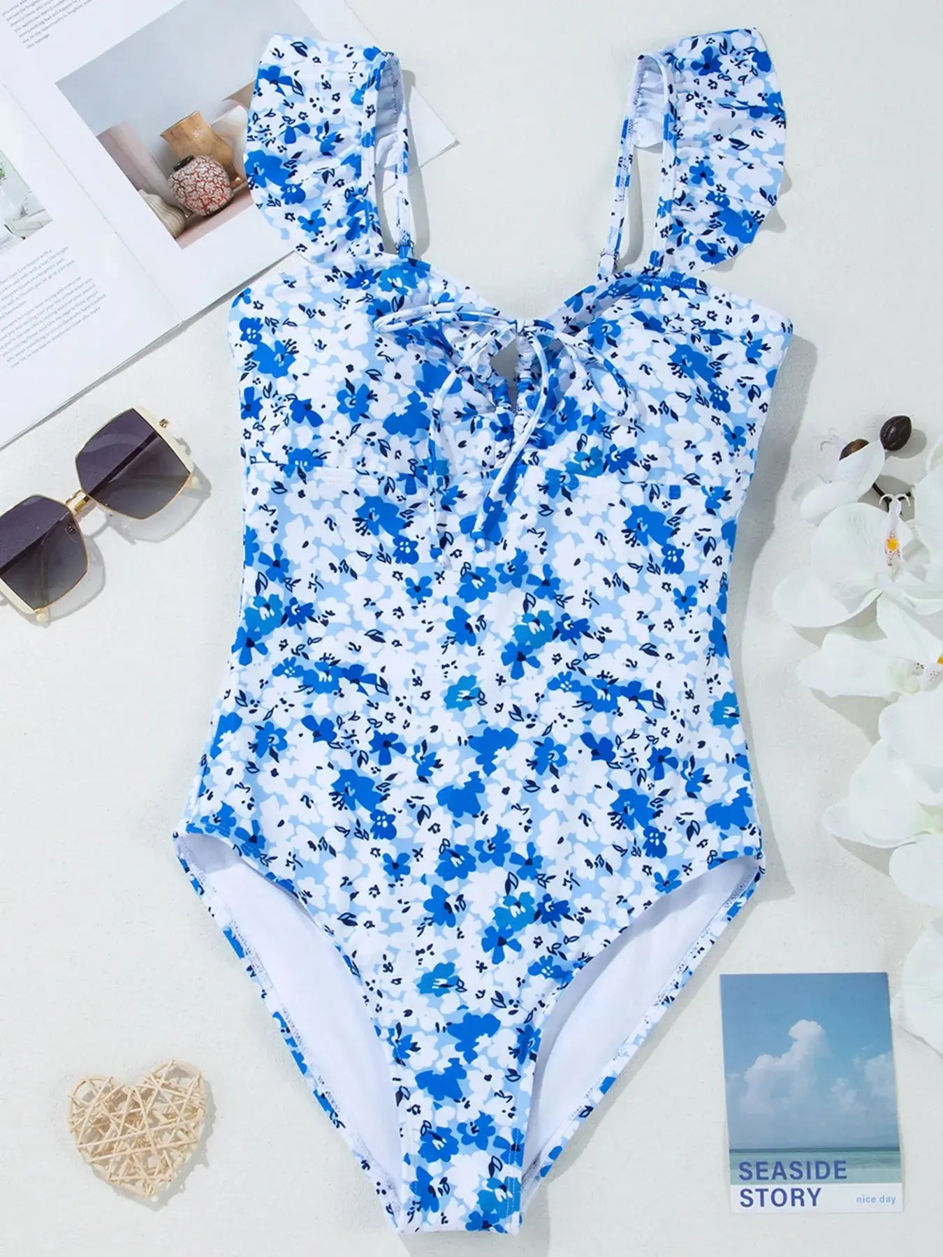 Floral Ruffled Strap Lace-up Hollow Out One Piece Swimsuit-Bikinicaye