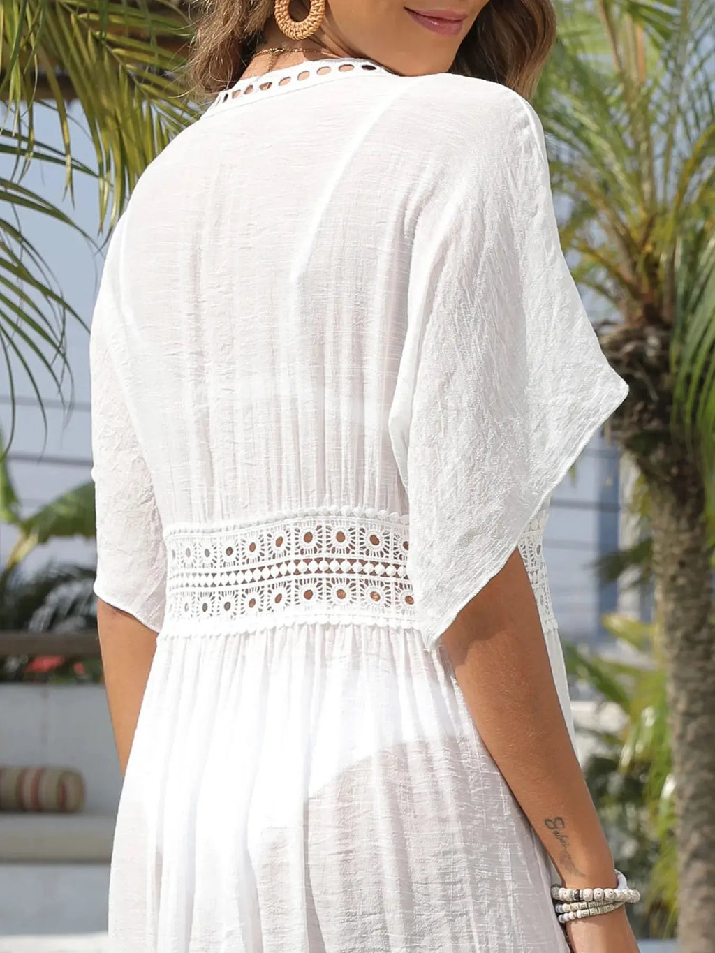 Lace Trim Plunging Beach Cover Up Maxi Dress-Bikinicaye