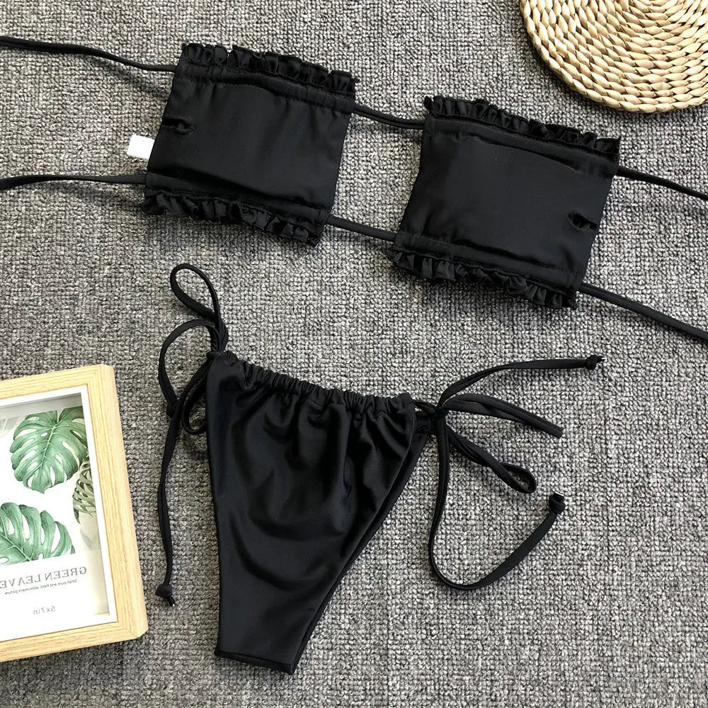 Frill Trim Ruched Bikini Set-Bikinicaye