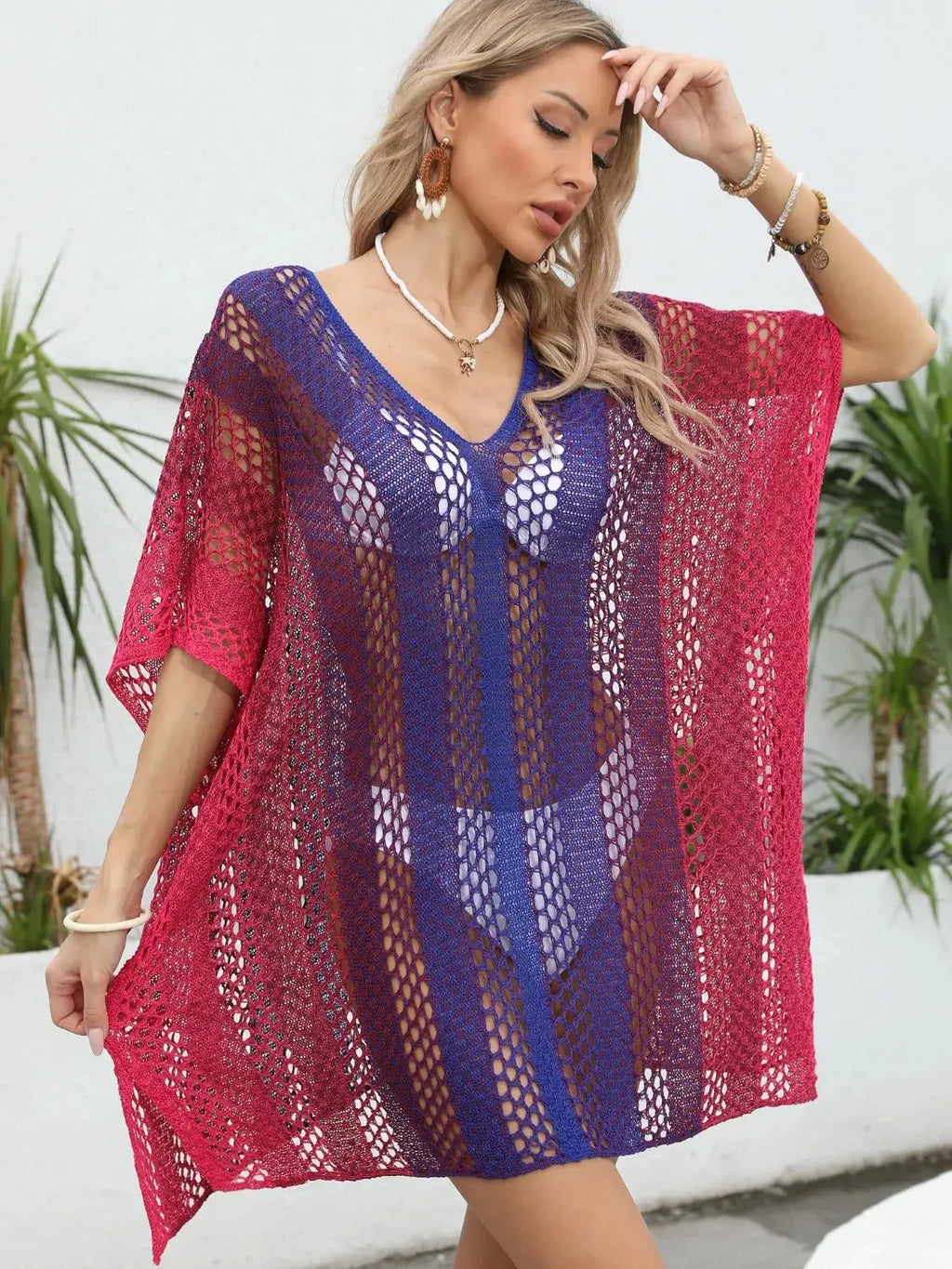 Rainbow Gradient Crochet Beach Cover Up-Bikinicaye