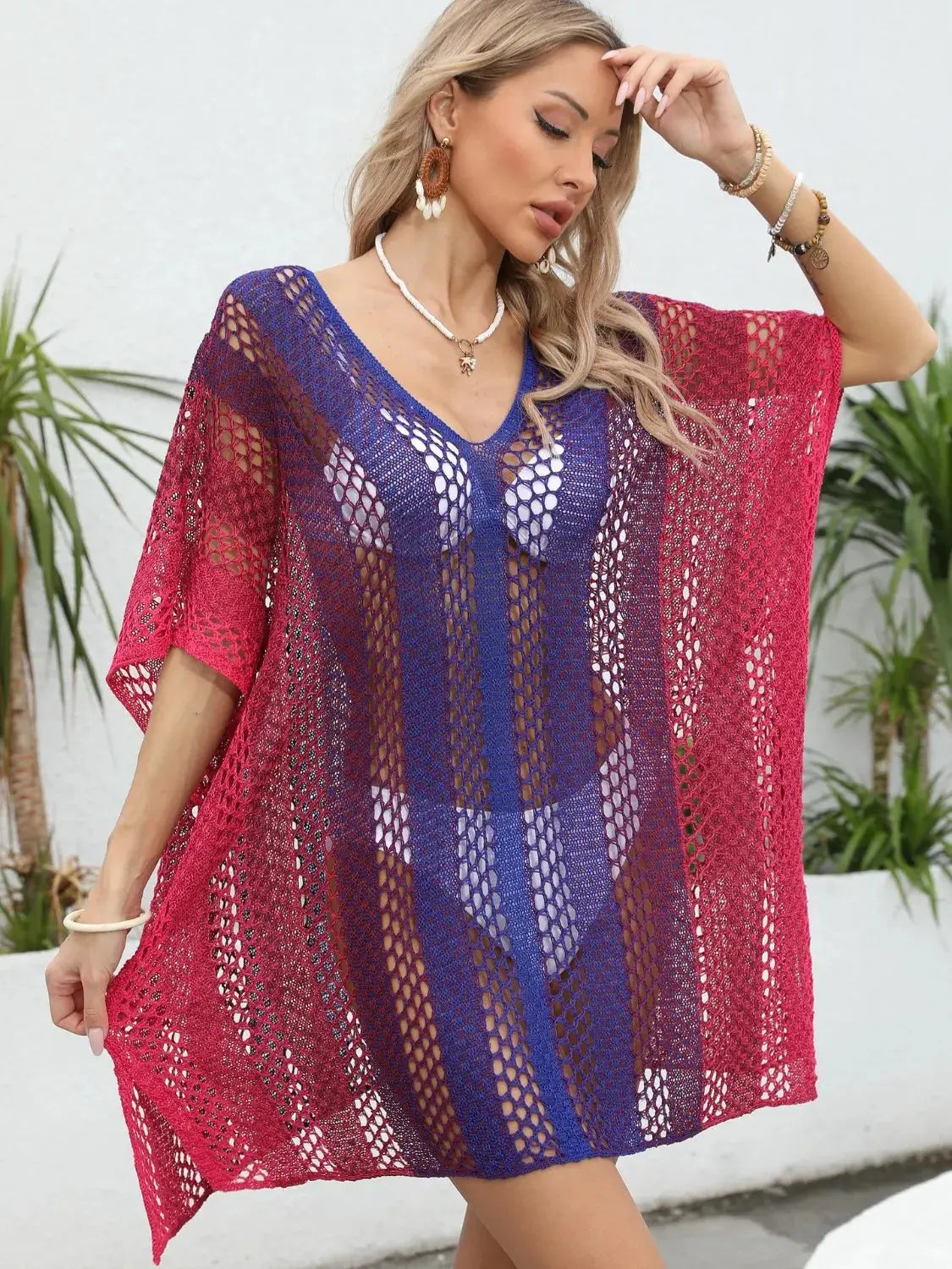 Rainbow Gradient Crochet Beach Cover Up-Bikinicaye
