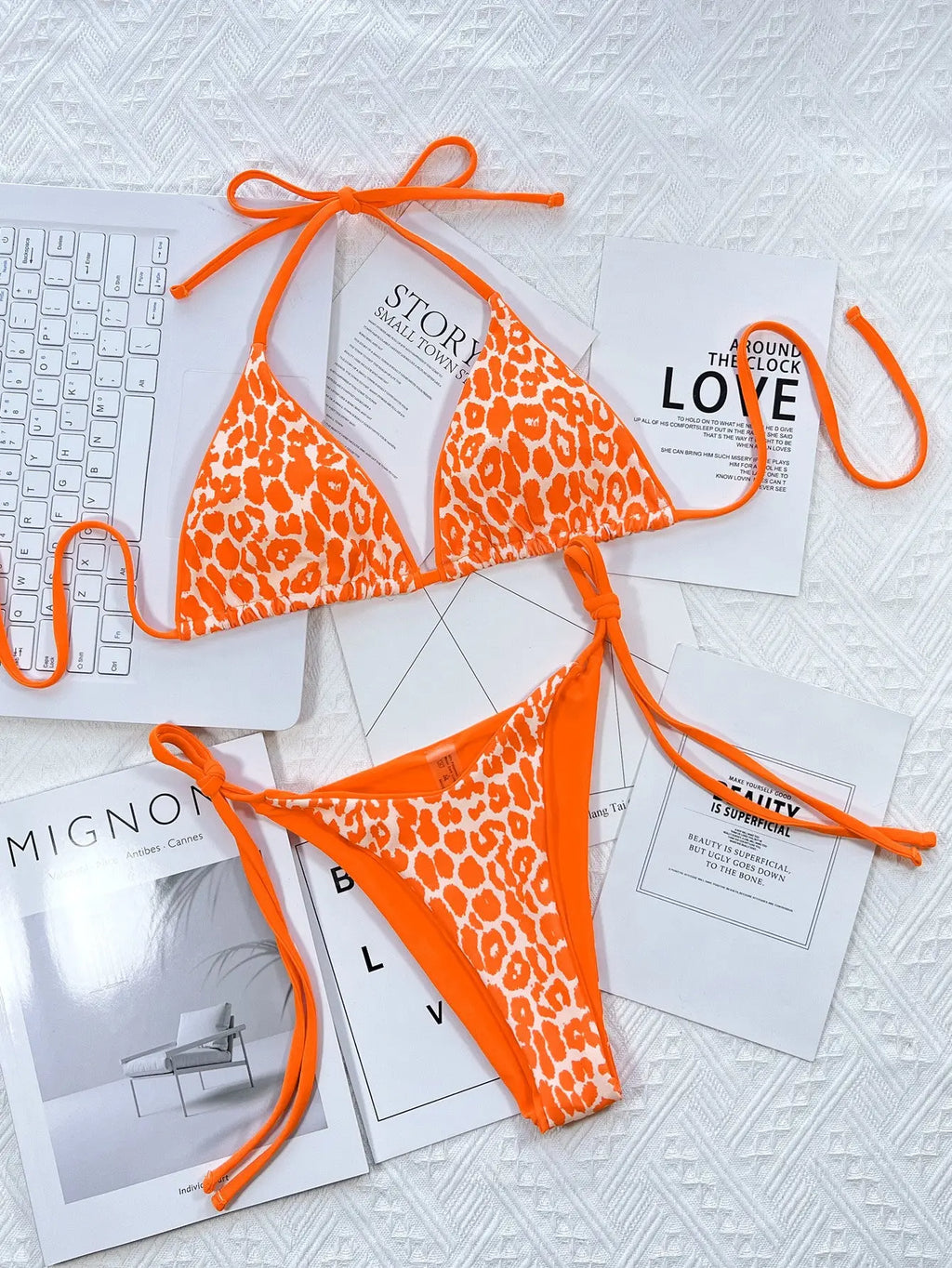 Leopard Print Halter Neck Tie Side Bikini Set-Bikinicaye
