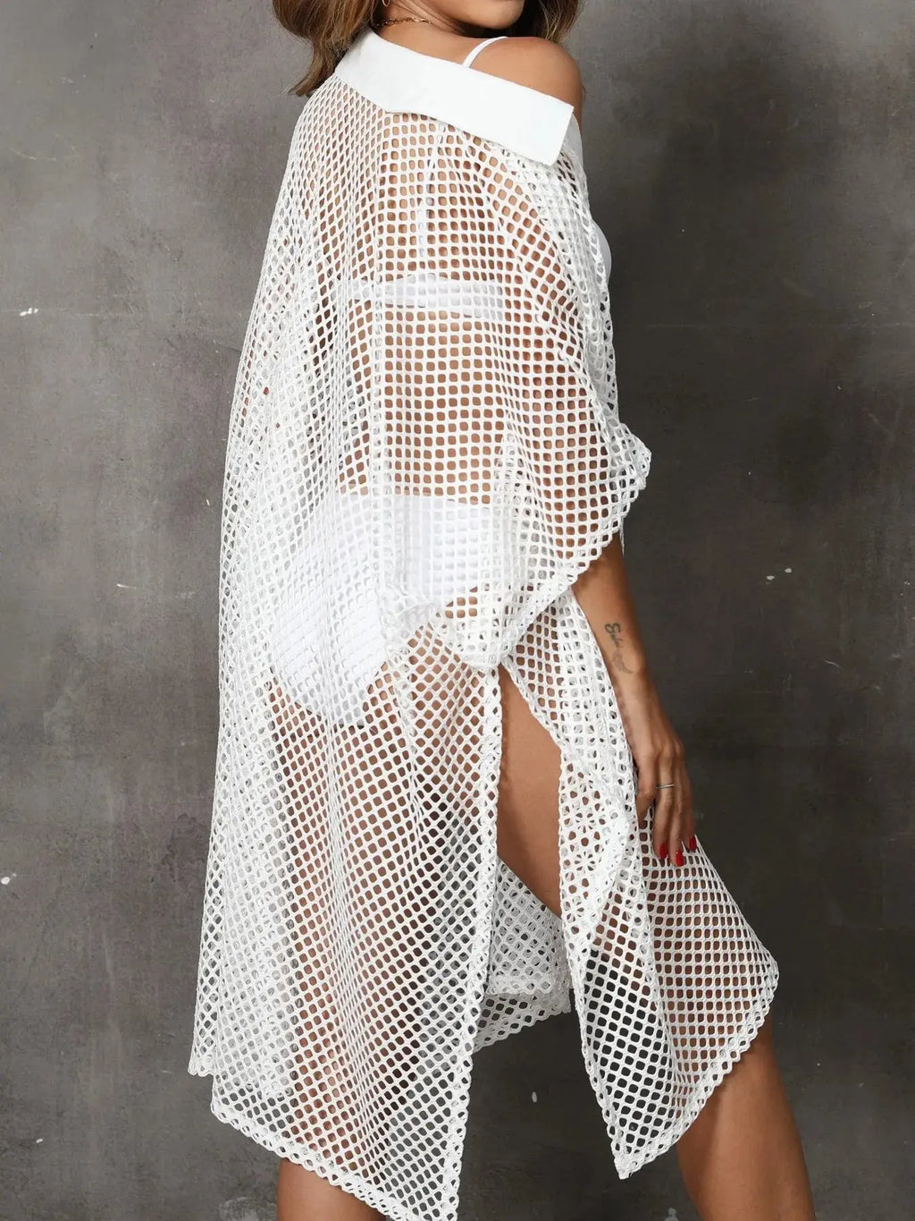 Sheer Mesh Button Up Cover Up-Bikinicaye