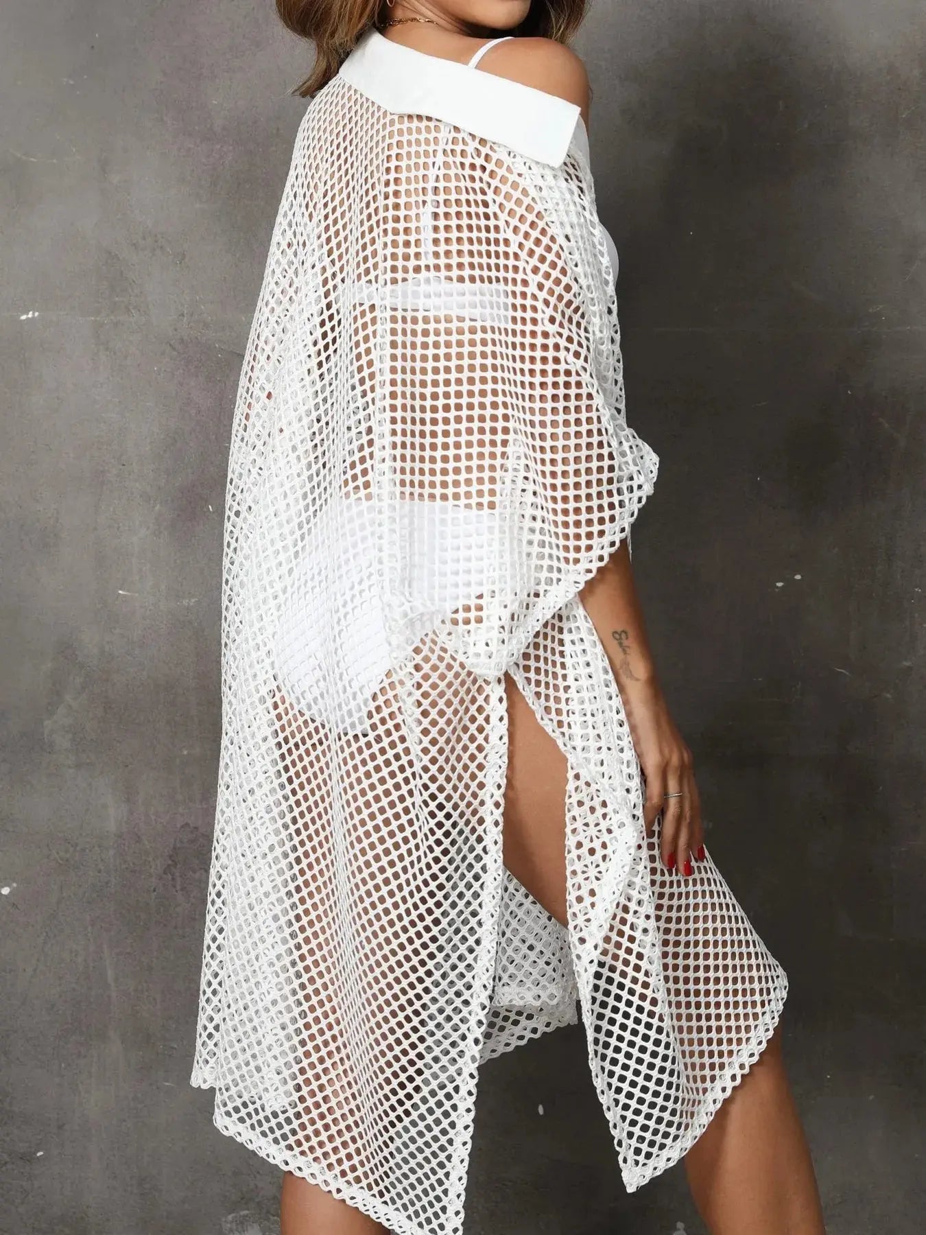 Sheer Mesh Button Up Cover Up-Bikinicaye