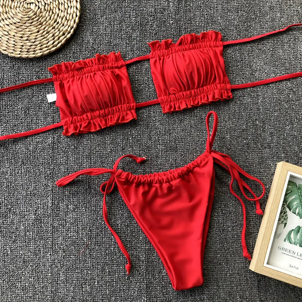 Frill Trim Ruched Bikini Set-Bikinicaye