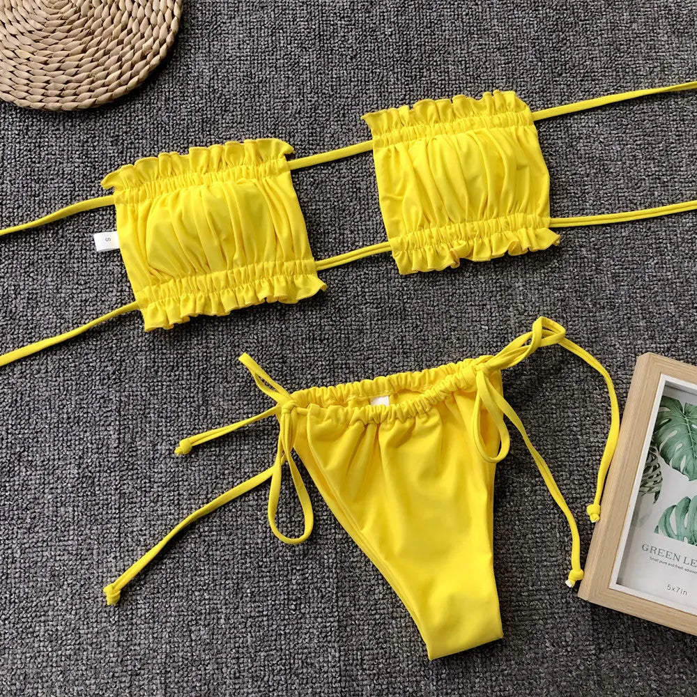 Frill Trim Ruched Bikini Set-Bikinicaye