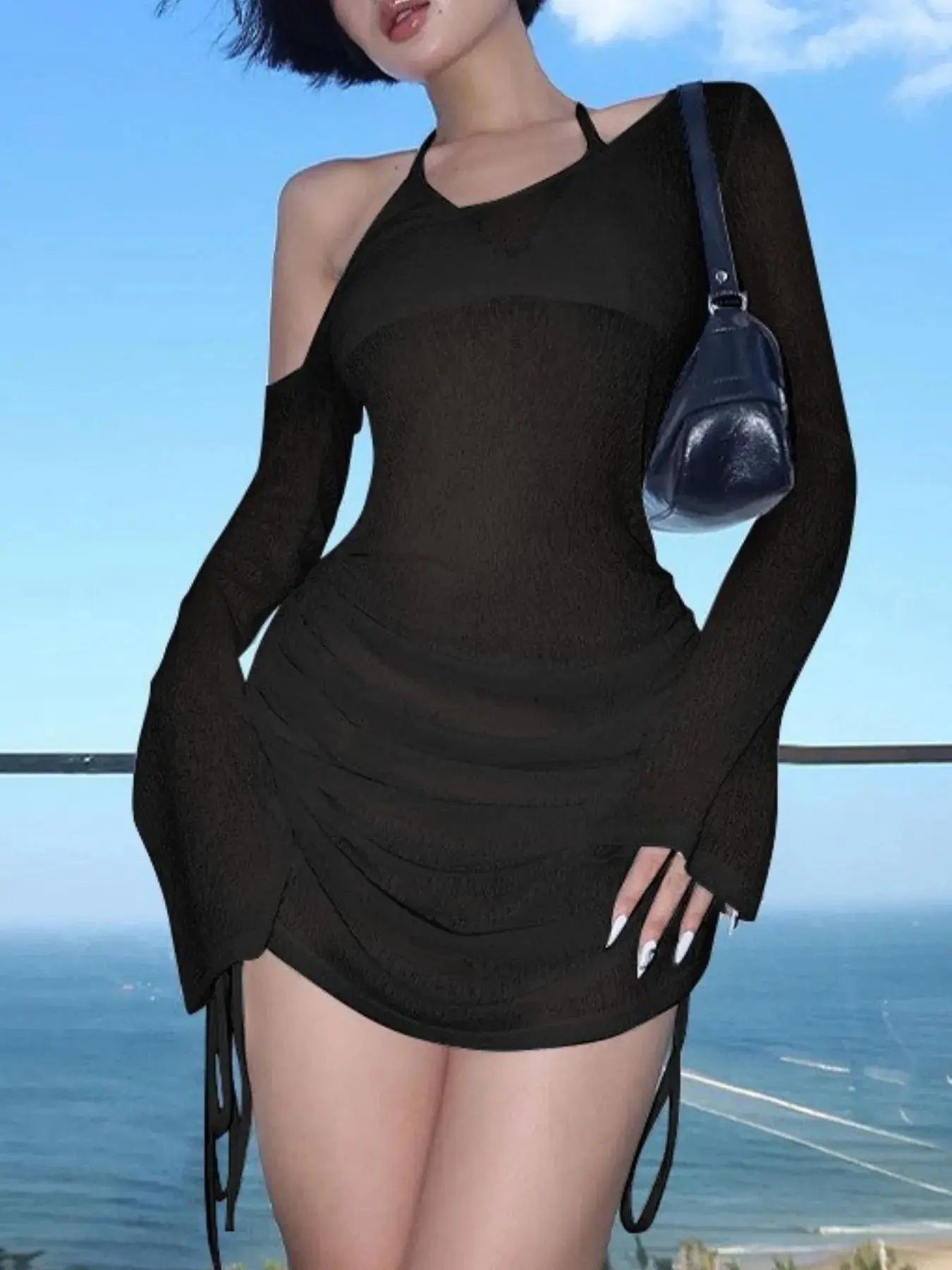 One-Shoulder Bell Sleeve Ruched Mini Cover-Up Dress-Bikinicaye