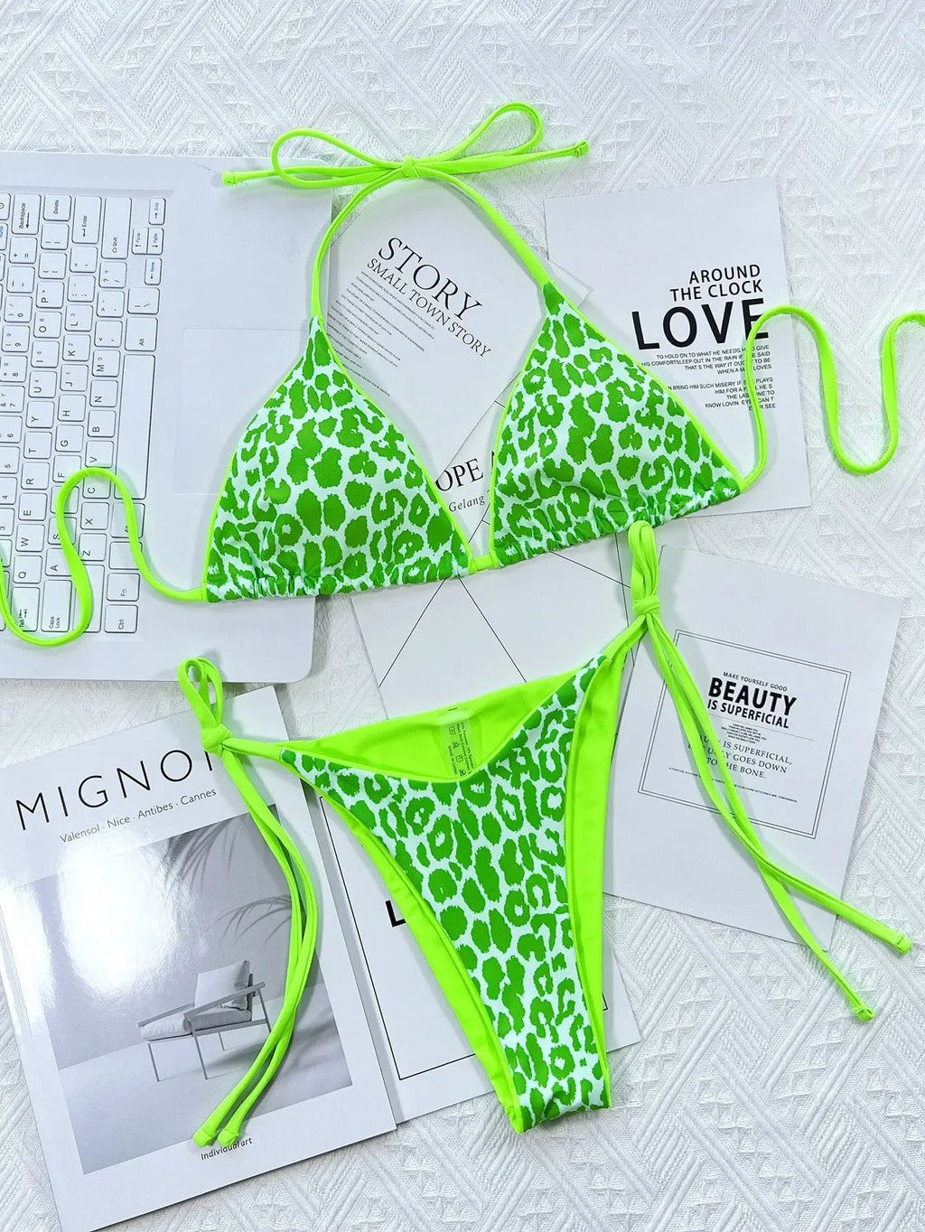 Leopard Print Halter Neck Tie Side Bikini Set-Bikinicaye