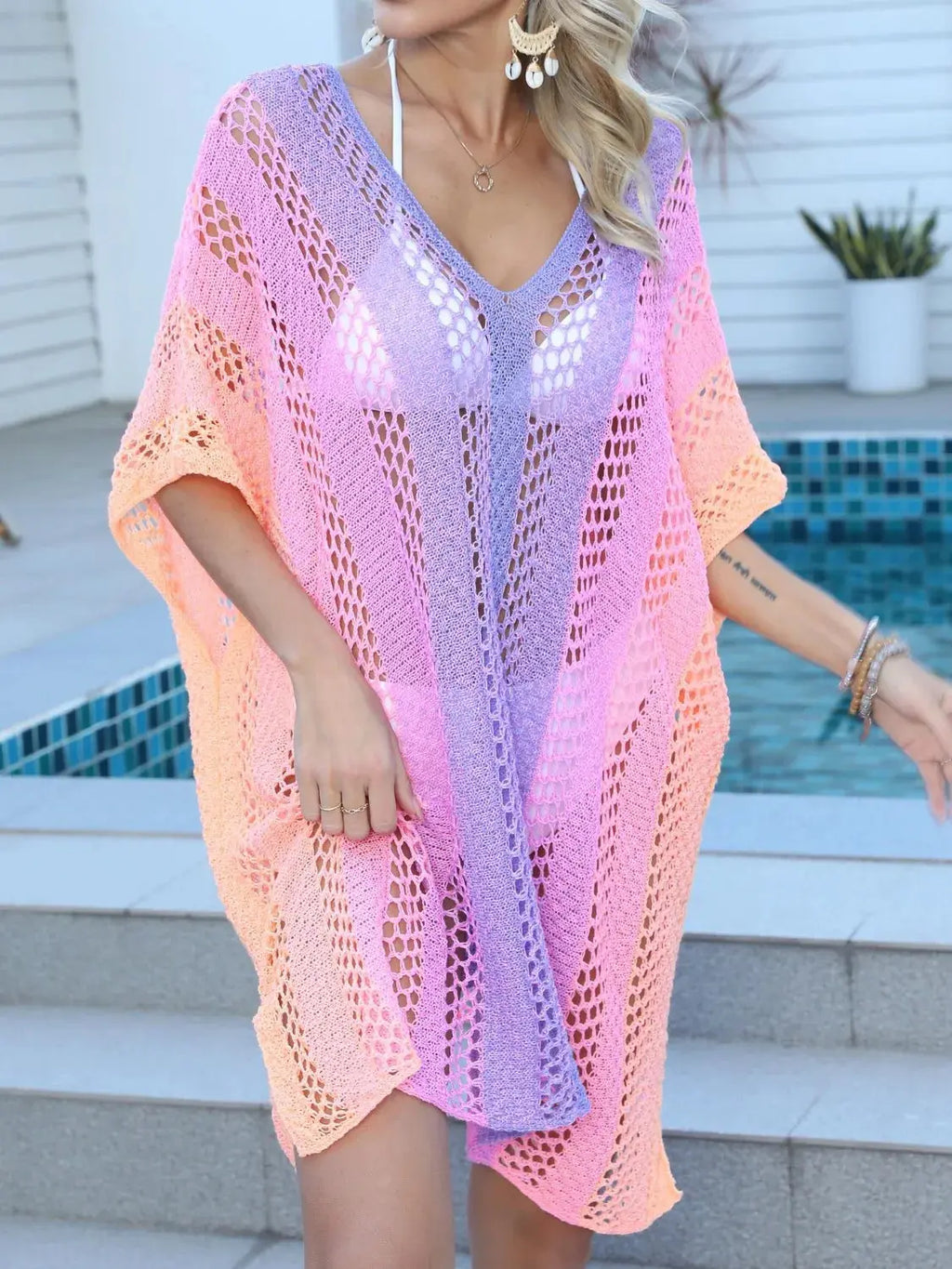 Rainbow Gradient Crochet Beach Cover Up-Bikinicaye